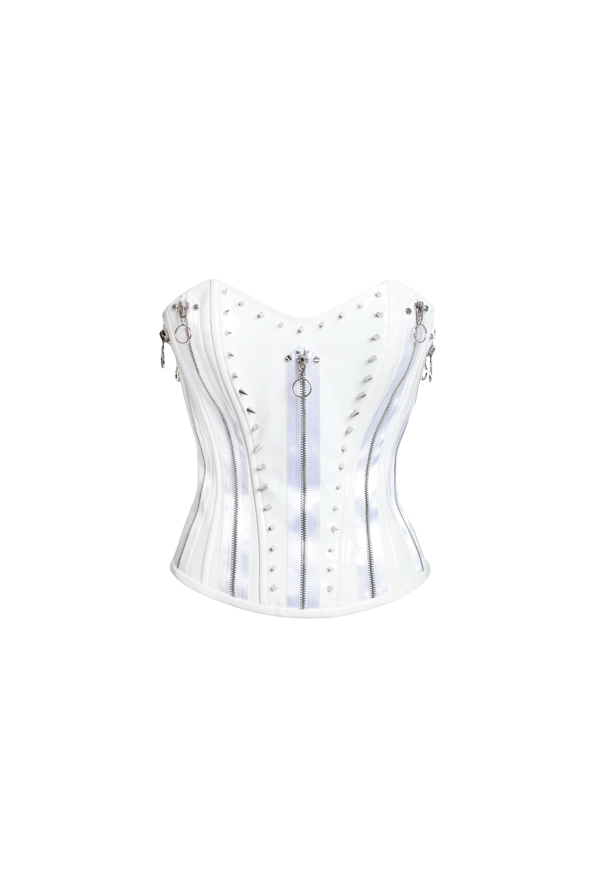 Корсет белый из лака с молниями и шипами